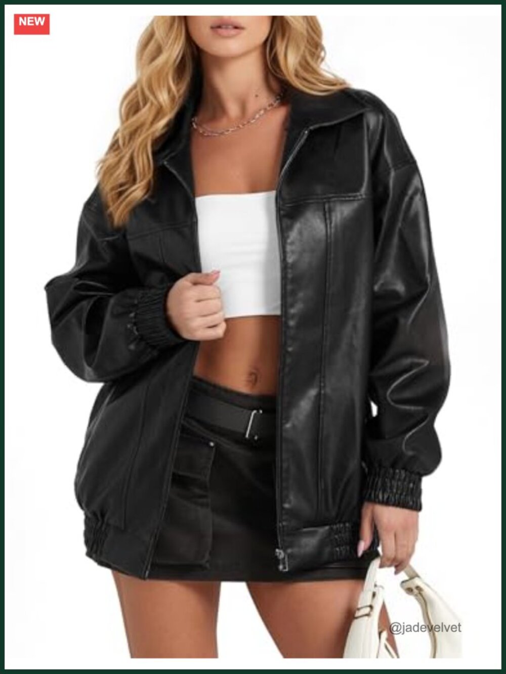 Womens Faux Leather Oversized Bomber Jacket Zip Up Fall Coat